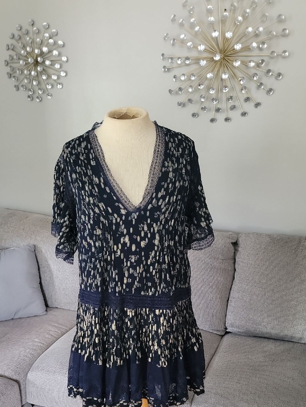Maeve Navy and Cream Printed Mini Dress